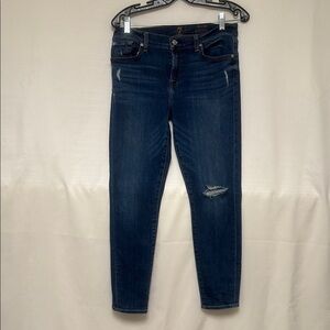 7 For All Mankind Blue Skinny Jeans with Distressed Knee